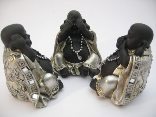 klein Lachender Buddha, hren, sehen und Schweigen Set lchelnd Buddha in silber/schwarz