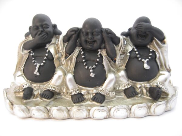 klein Lachender Buddha, hren, sehen und Schweigen Set lchelnd Buddha in silber/schwarz auf brett