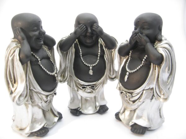 mittel Lachender Buddha, hren, sehen und Schweigen Set lchelnd Buddha in silber/schwarz stehend