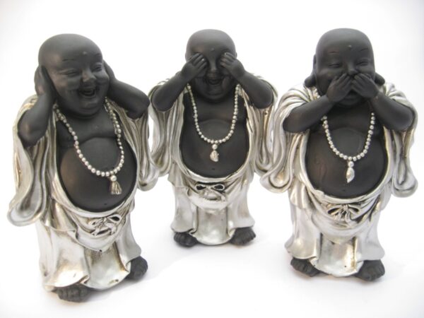 mittel Lachender Buddha, hren, sehen und Schweigen Set lchelnd Buddha in silber/schwarz stehend