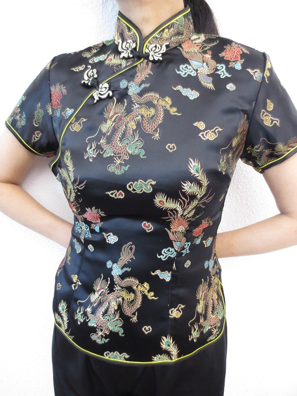 Shanghai bluse drache/phoenix schwarz/gold