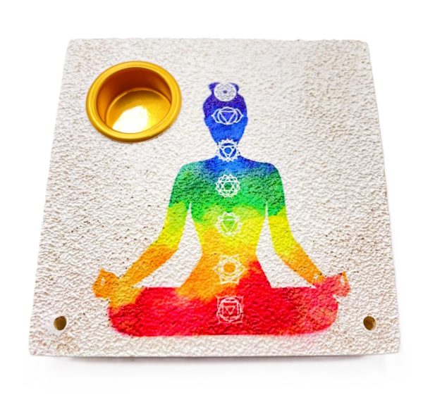 Quadratischer Räucherstäbchenhalter mit 7 Chakras – Weiß