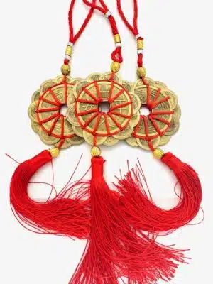 Chinesische Feng-Shui-Glücksmünzen mit roter Quaste, 3er-Set