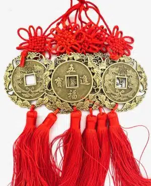 Feng-Shui-Glücksmünzen-Wandbehang mit Drachenmotiv und roten Quasten – 6er-Set