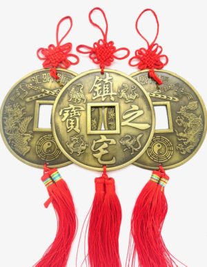 Feng-Shui-Münzanhänger mit Drache und Phönix und roter Quaste – 3er-Set