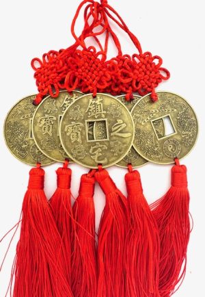 Feng Shui Wandbehang mit Chinesischen Münzen und roten Quasten, 6er-Set