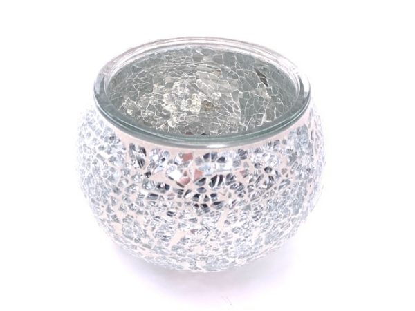 Teelichthalter aus Mosaikglas – Silber Grau