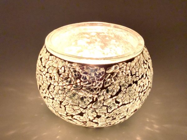 Teelichthalter aus Mosaikglas – Silber Grau