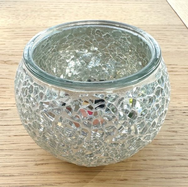 Teelichthalter aus Mosaikglas – Silber Grau