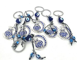 Blaues Schlüsselanhänger-Set „Böser Blick“ mit Eule auf Mond (6 Stück)
