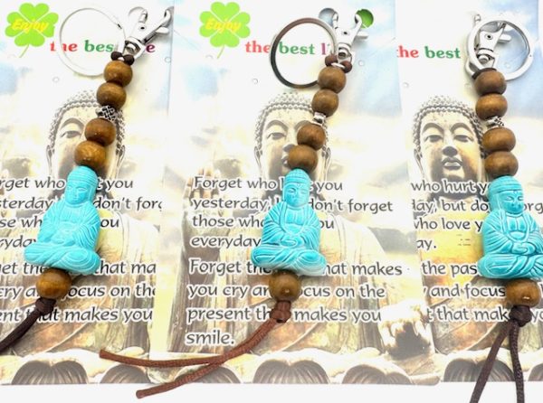Buddha-Schlüsselanhänger mit Holzperlen – Türkis