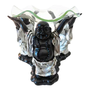 Ölbrenner mit 3 Lachenden Buddhas Silber/Schwarz 12 cm